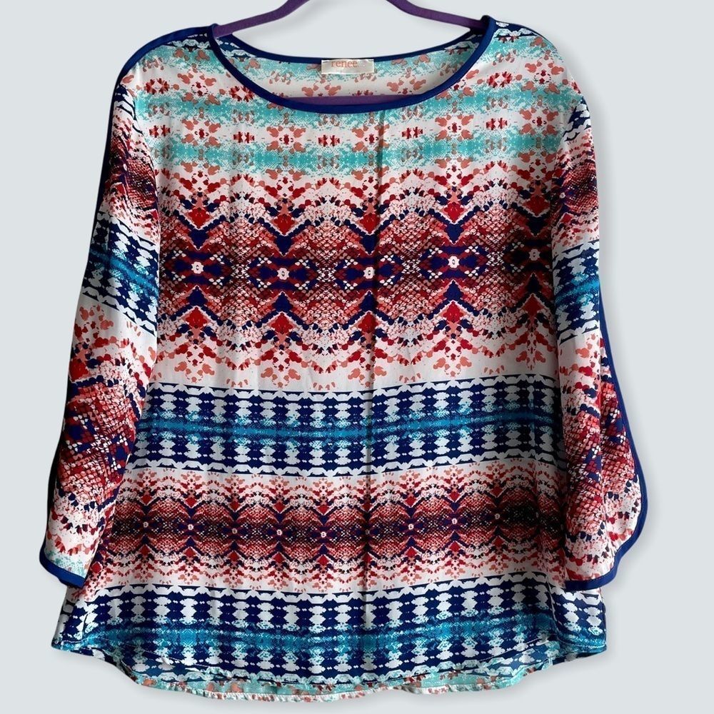 Renee C Boatneck Blouse, Bright Blue & Red 3/4 sleeves